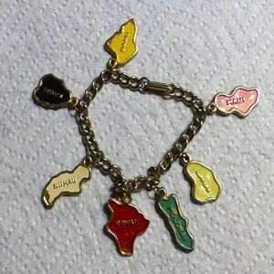1960s Pat Pend Hawaiian Islands 7" Goldtone Enamel Cha Cha Charm Bracelet